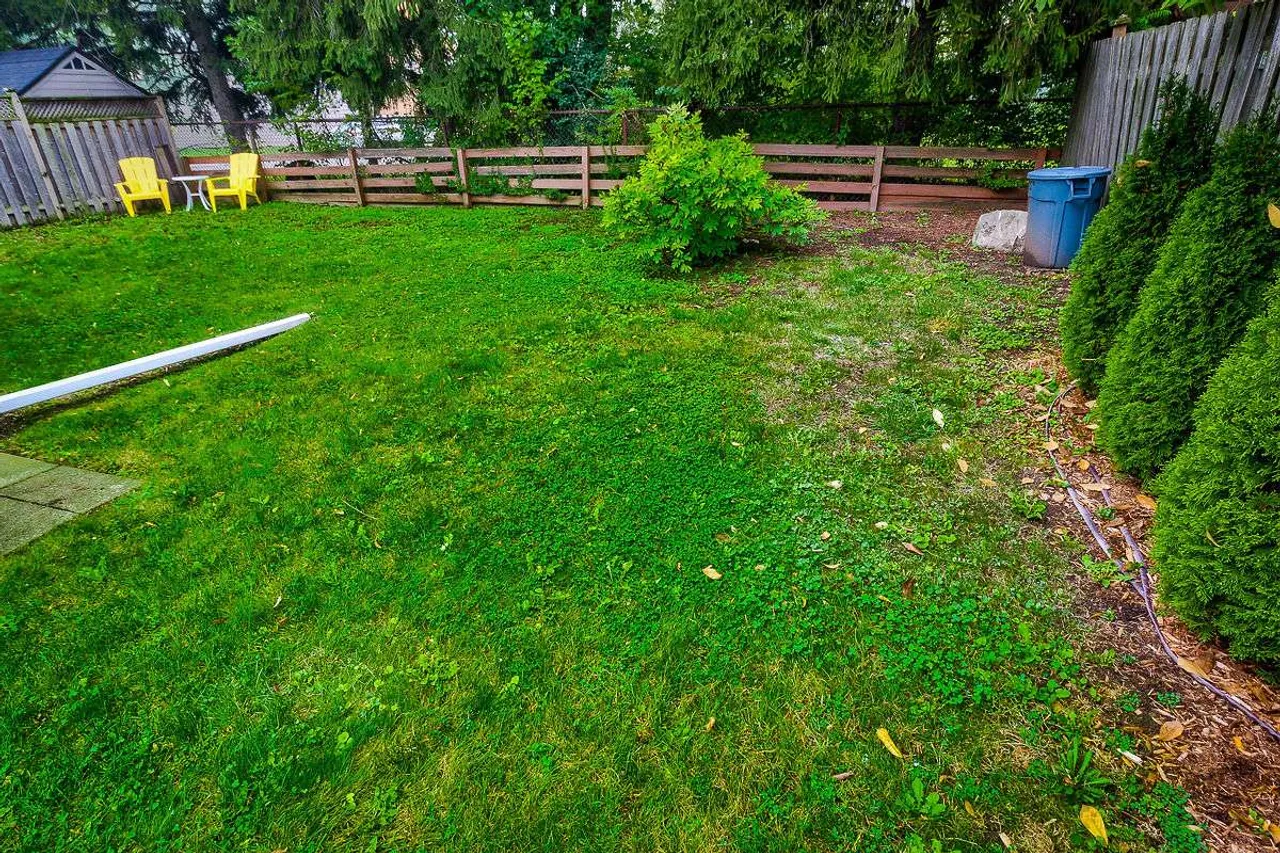 Backyard with a deck, mature trees, and seating area