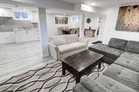Finished basement living room with a sectional sofa and fireplace TV stand