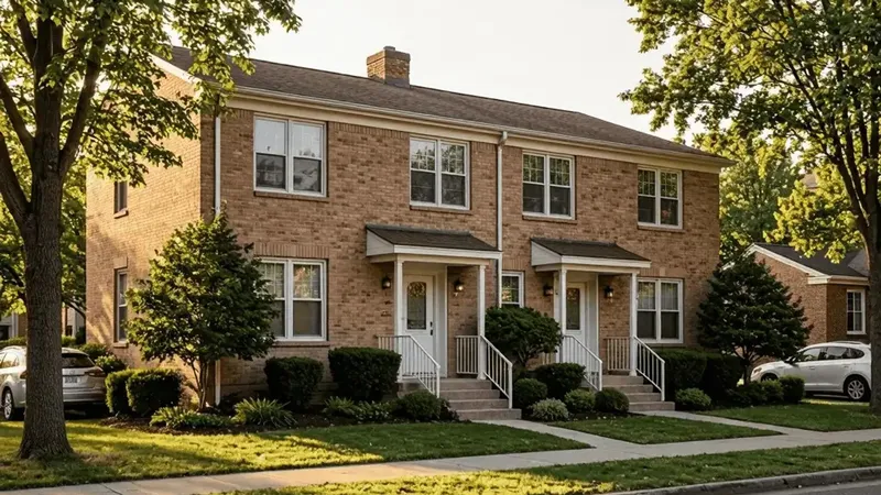 Brick semi-detached duplex with two front entrances, a common investment property style
