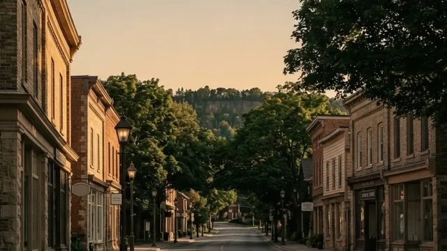 Heritage main street in Ancaster Village at sunset, with the Niagara Escarpment visible through the trees