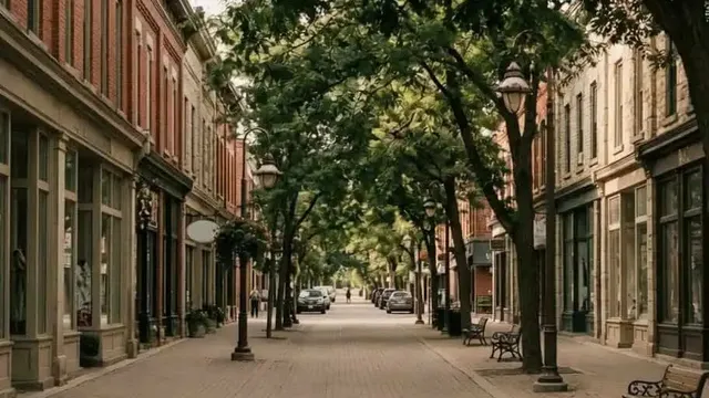 Tree-lined historic storefronts on Brant Street in downtown Burlington