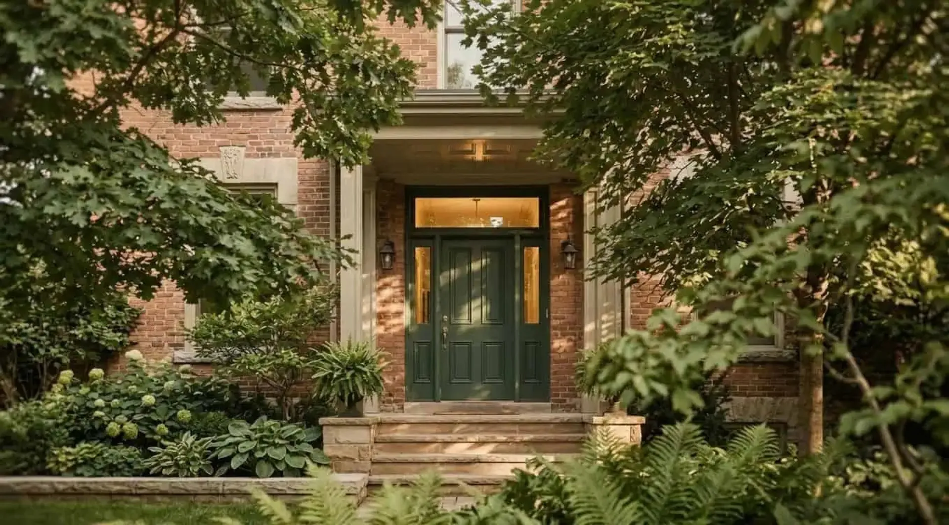 A brick Hamilton-area home with a green front door, framed by fall foliage