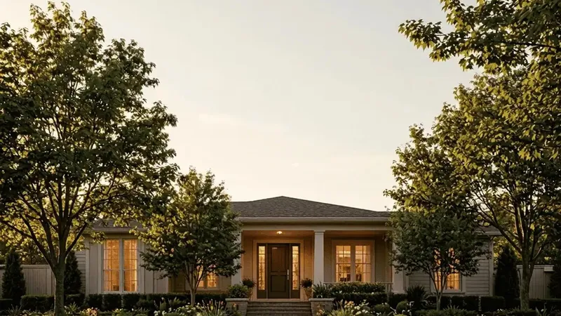 Front exterior of a home with a paved walkway leading to the entrance