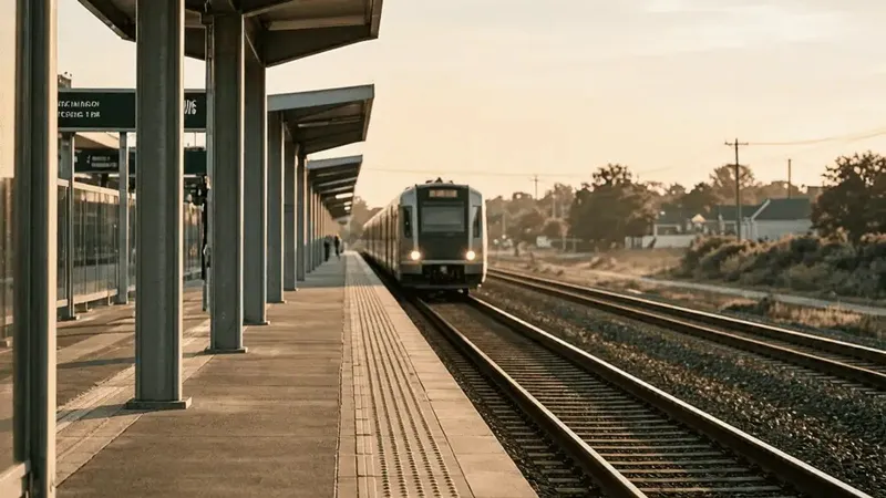GO Transit train arriving at a station platform at sunset