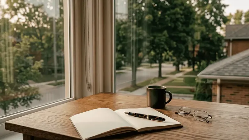 Open notebook, pen, coffee, and glasses on a desk by a window overlooking a residential street