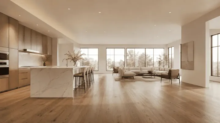 Bright, open-concept kitchen and living room in a modern Hamilton-area home