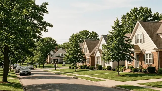 Tree-lined residential street in a Stoney Creek subdivision on a sunny day